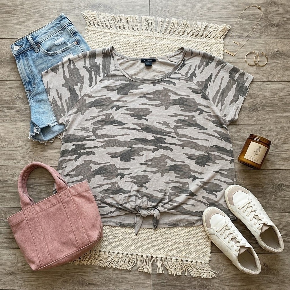 Sanctuary Womens 3X Camo Tie Front Short Sleeve Raglan Top Green Tan Camouflage